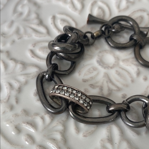 Fossil Gunmetal Silver Chain Link Bracelet with Rhinestones Punk Rebel Rocker - Picture 3 of 12